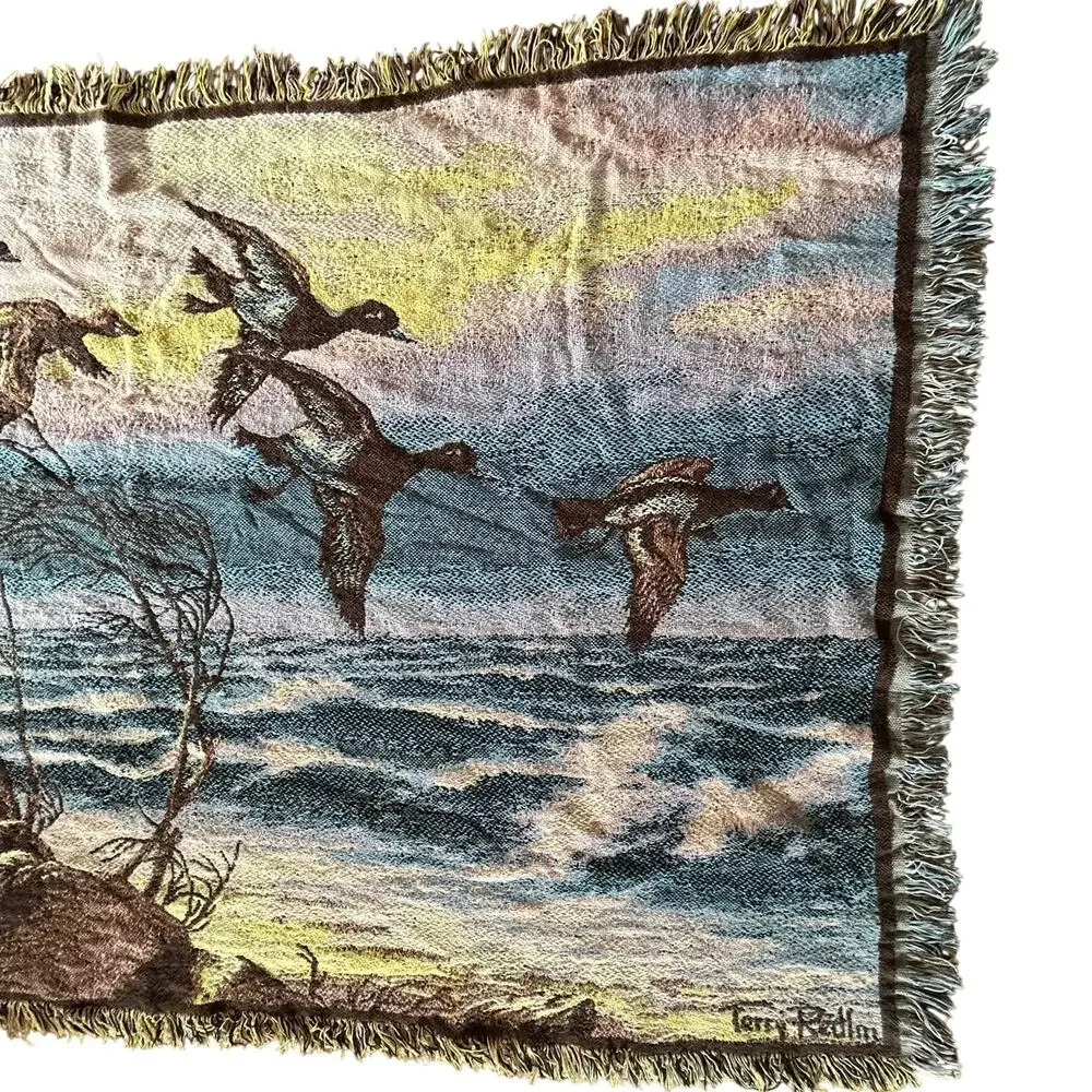 Vintage Terry Redlin jacquard tapestry throw blanket Beacon flying ducks